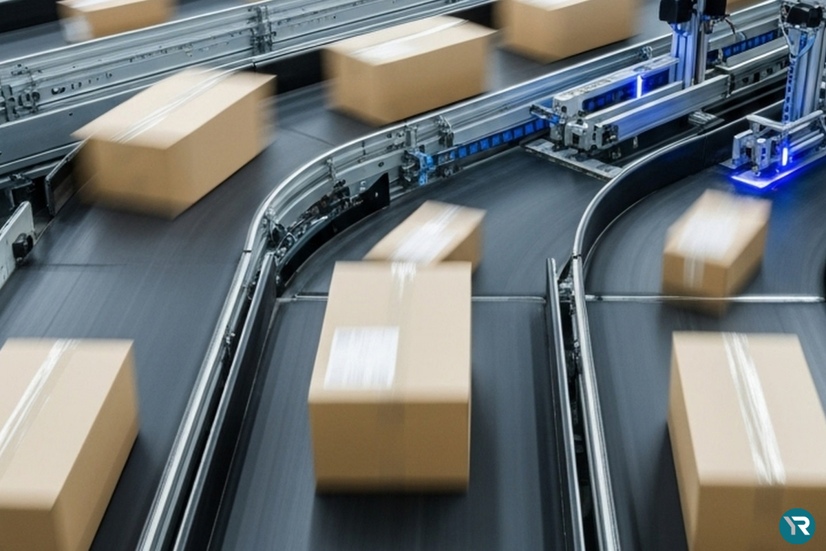 Esteiras transportadoras automatizadas movimentando caixas em alta velocidade em um sistema de automação industrial.