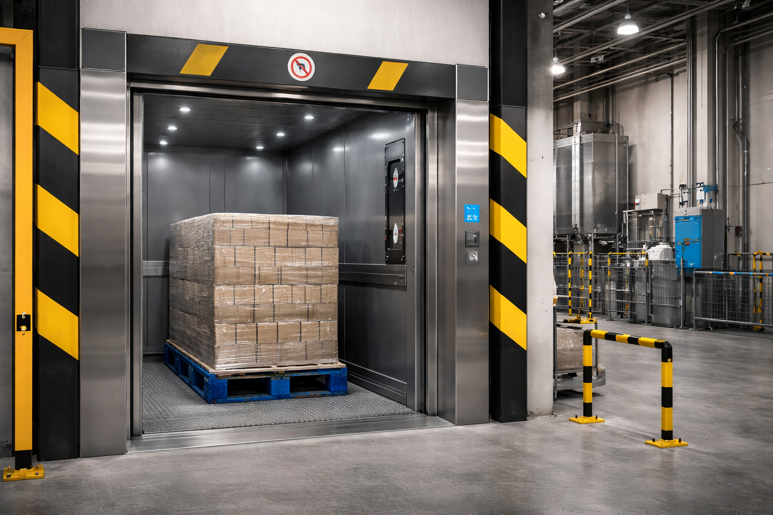 Elevador de carga industrial 1000 kg com palete de carga em ambiente industrial