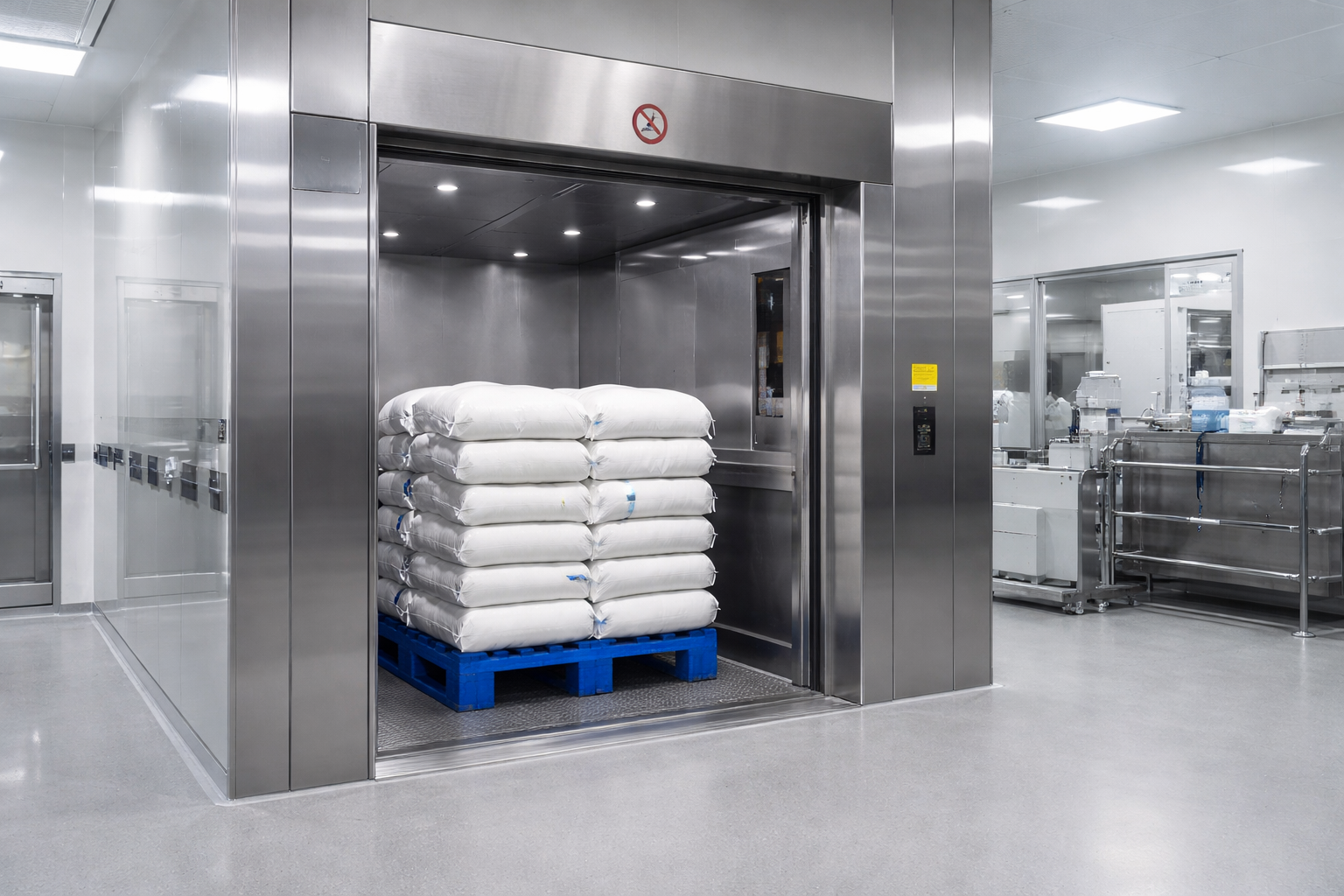 Elevador de carga industrial 2000 kg em inox instalado em indústria farmacêutica com paletes de insumos para fabricação de medicamentos