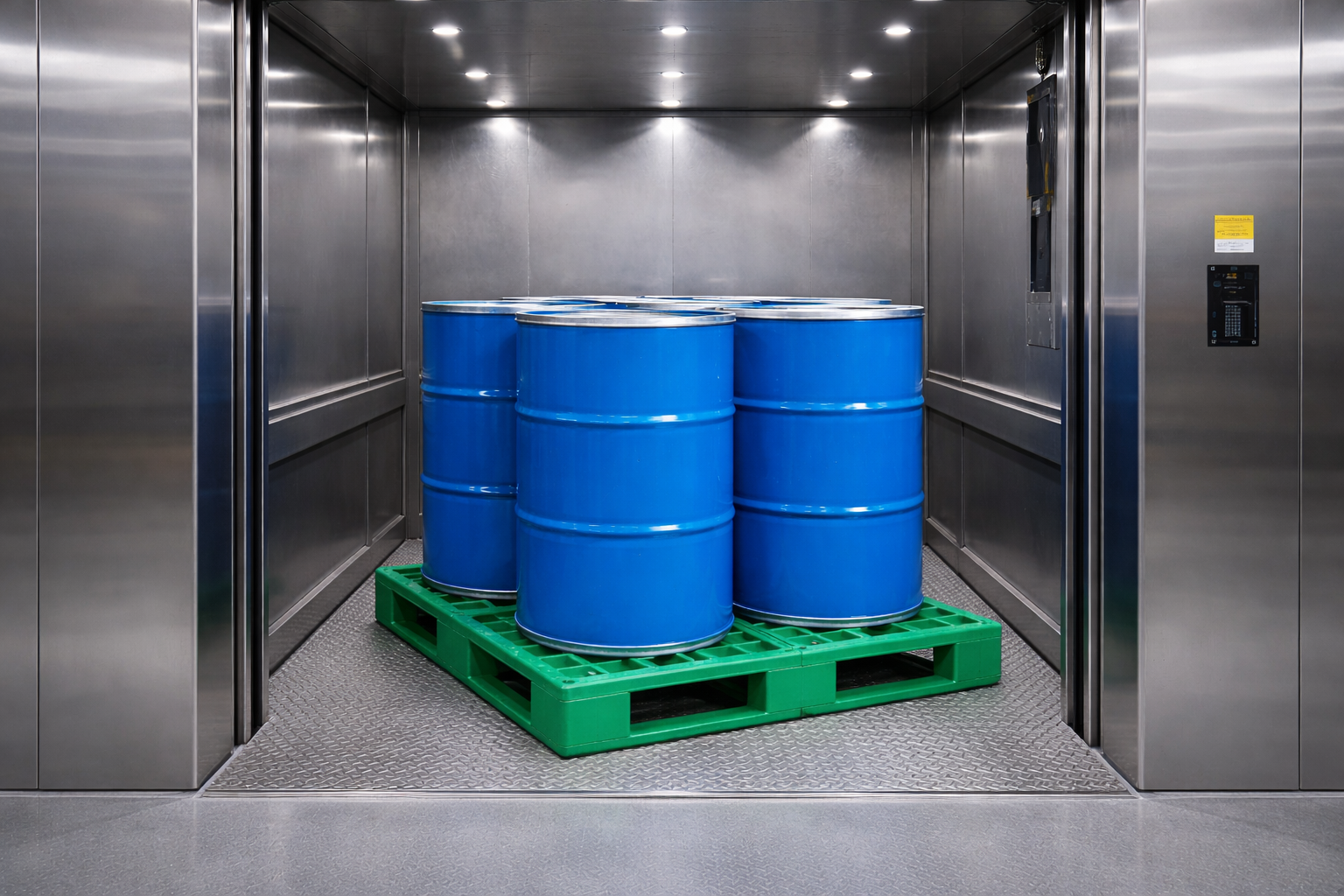 Elevador de carga industrial 3000 kg transportando quatro tambores metálicos sobre palete verde em ambiente industrialv