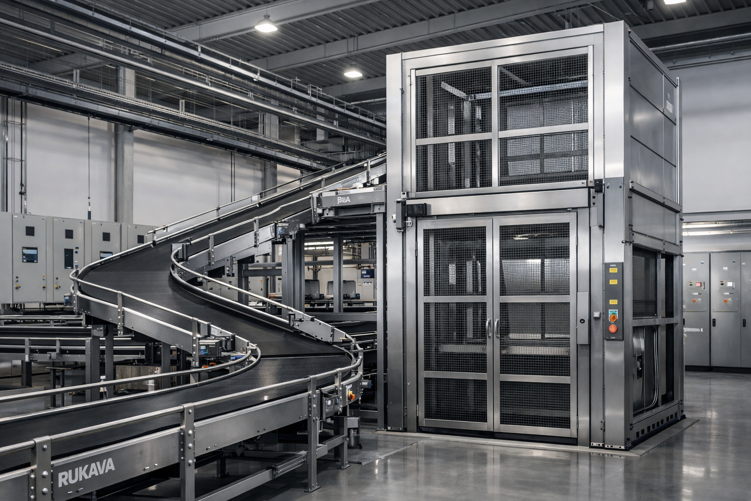 Engenharia e integração de sistemas de movimentação de materiais com esteiras transportadoras industriais e elevadores de carga em ambiente industrial automatizado.