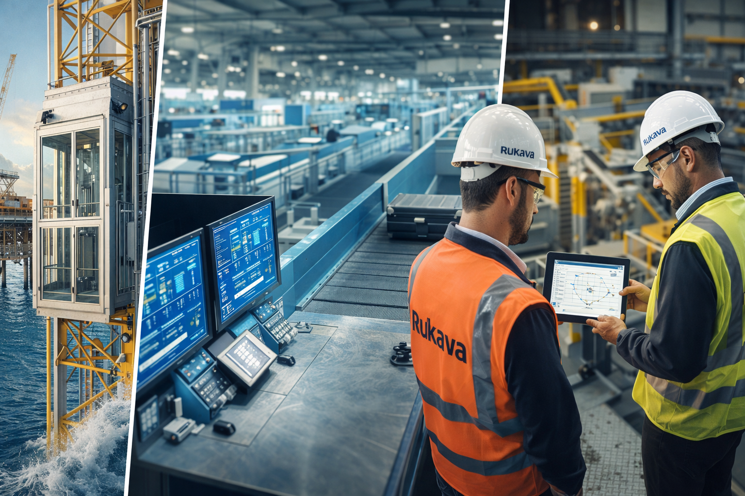 Engenheiros industriais analisando sistemas de movimentação e elevador industrial offshore em ambiente industrial automatizado