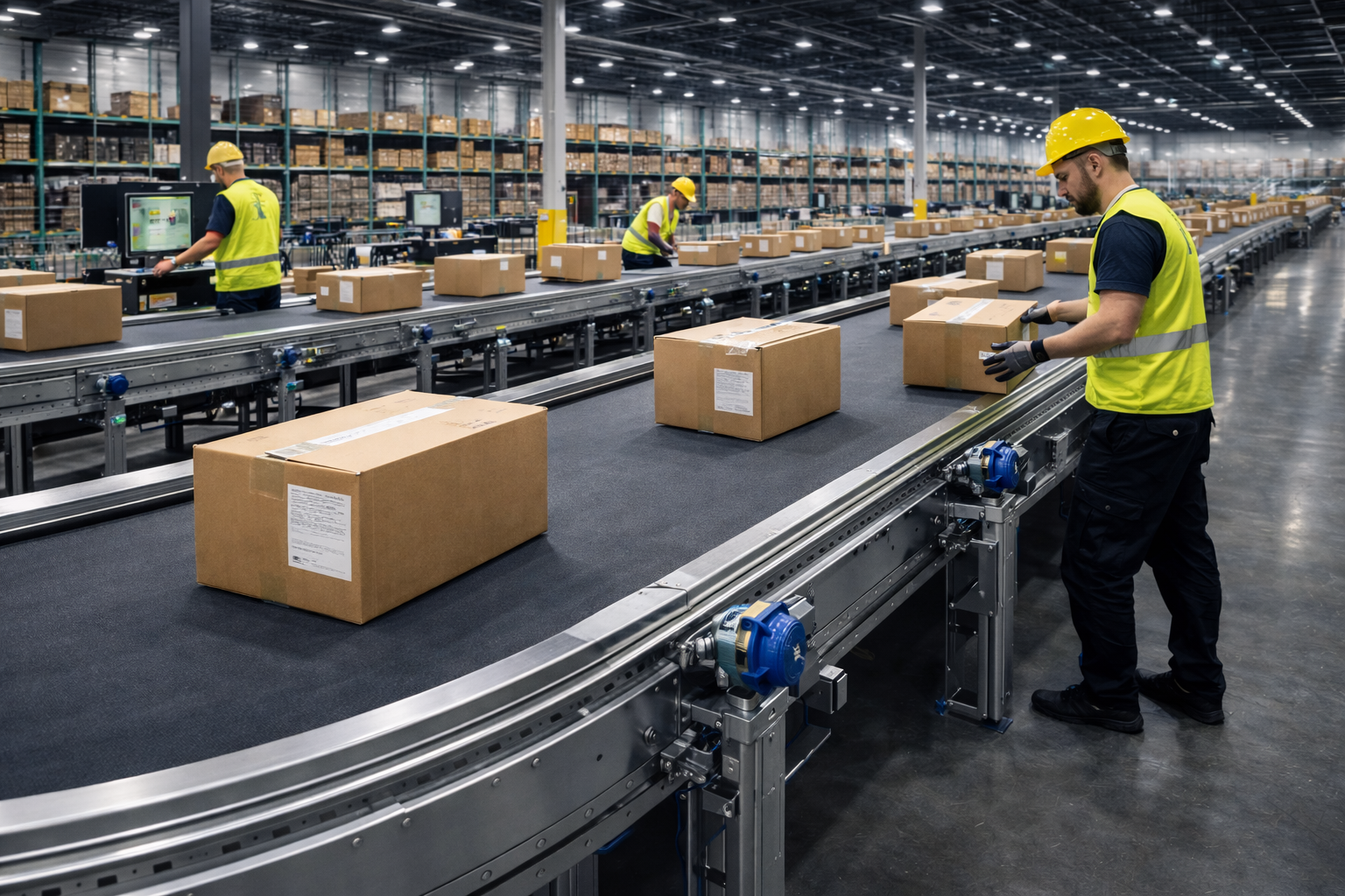 Esteira transportadora para centro logístico com correia cinza e caixas em operação automatizada