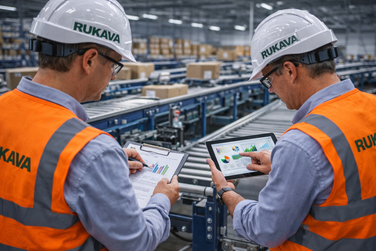 Engenheiros da Rukava realizando auditoria e diagnóstico de sistemas de movimentação industrial com análise de dados em ambiente logístico