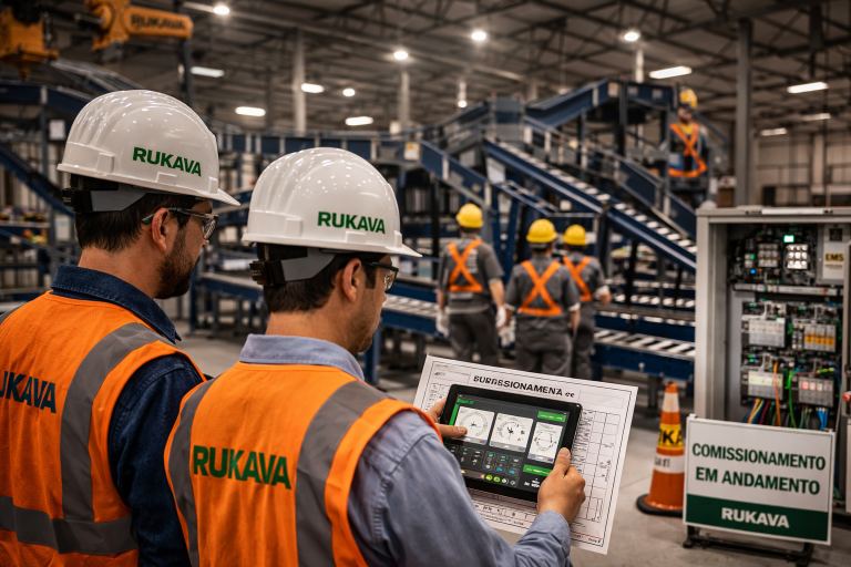 Engenheiros da Rukava realizando start-up, instalação e comissionamento de sistema de transportadores industriais em operação