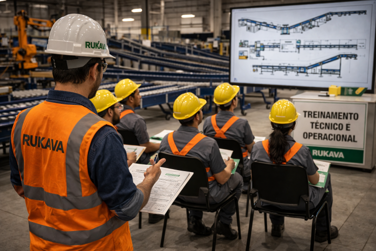 Treinamento técnico e operacional realizado pela Rukava para equipe industrial com instrução sobre sistemas de transportadores